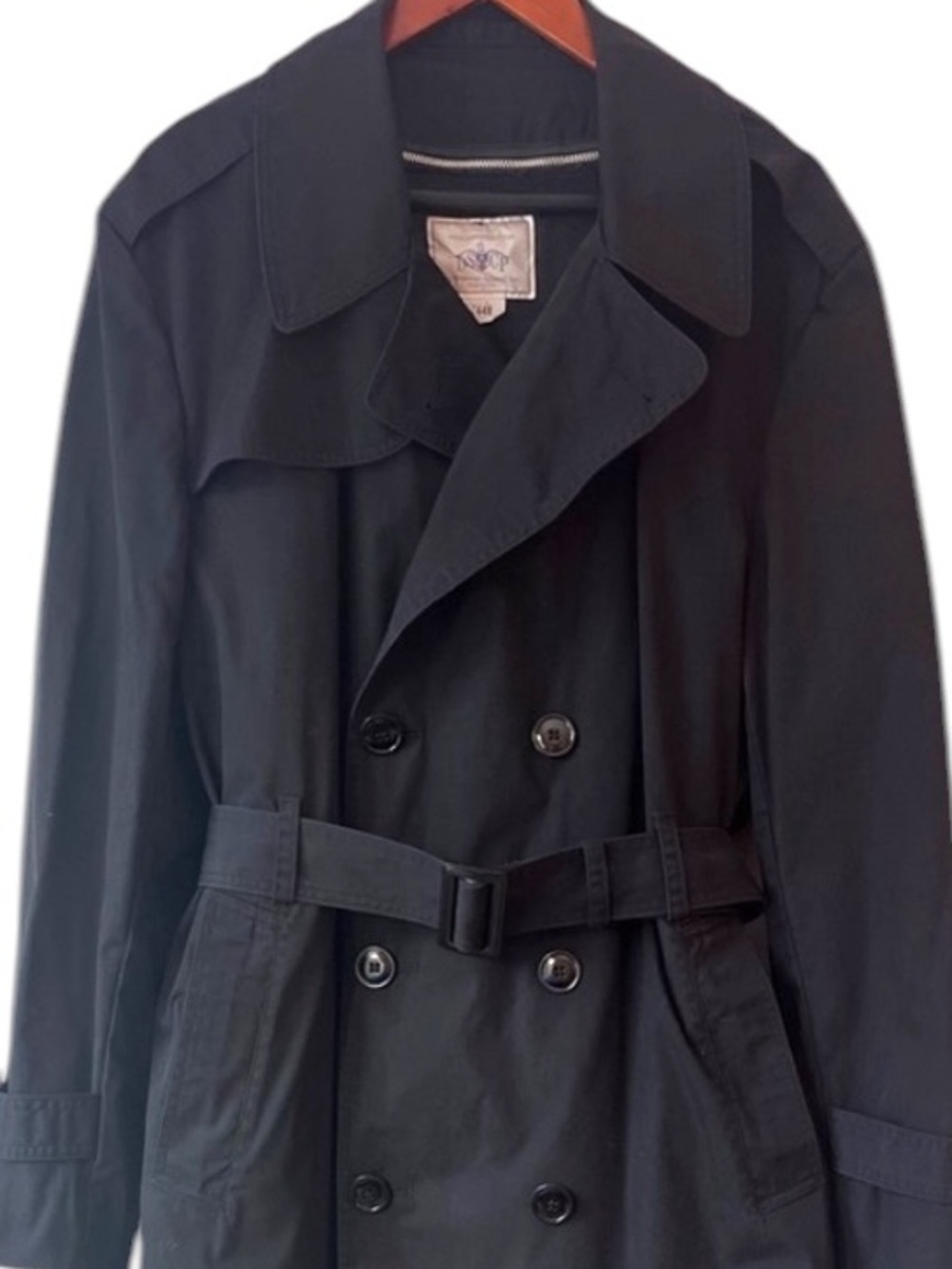 Military Tench Coat Mens 44R  Black Double Breasted Lined Belted Classic Preppy - Picture 2 of 9